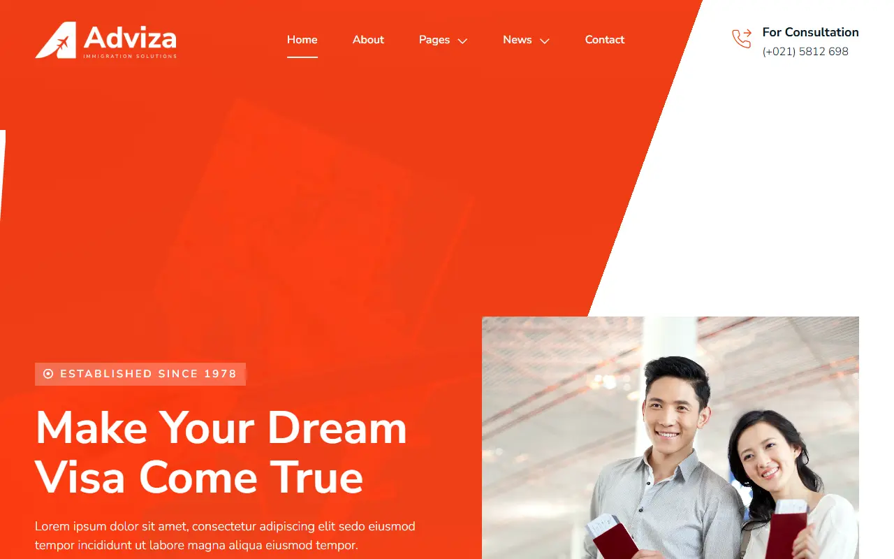 หน้าแรกของธีม Adviza Immigration บนคอมพิวเตอร์