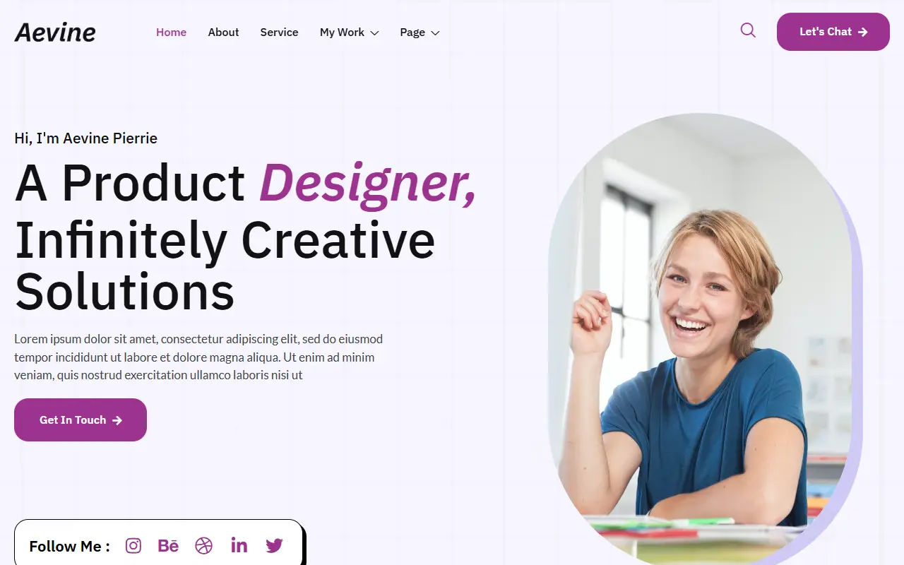 หน้าแรกของธีม Aevine Creative Portfolio บนคอมพิวเตอร์
