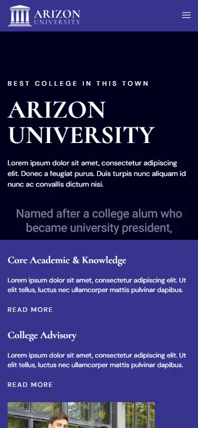 หน้าแรกของธีม Arizon College บนมือถือ