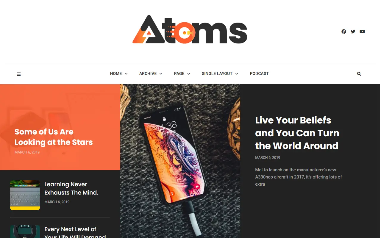 หน้าแรกของธีม Atoms บนคอมพิวเตอร์