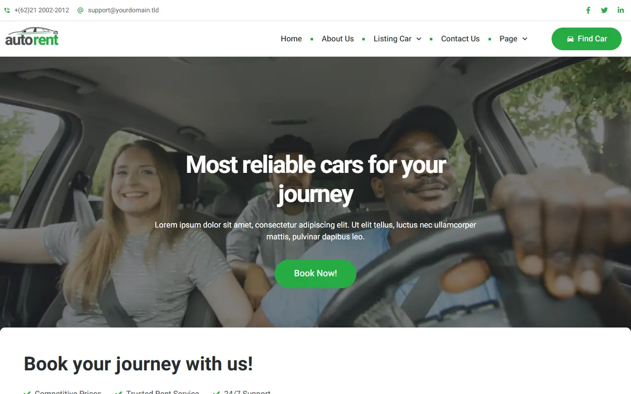 หน้าแรกของธีม AutoRent บนคอมพิวเตอร์