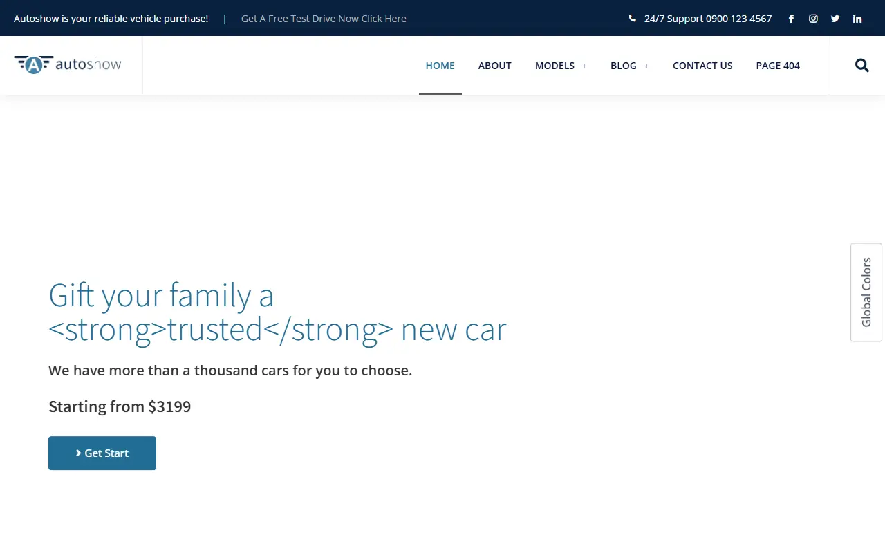 หน้าแรกของธีม AutoShow บนคอมพิวเตอร์