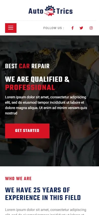 หน้าแรกของธีม AutoTrics – Car Repair บนมือถือ