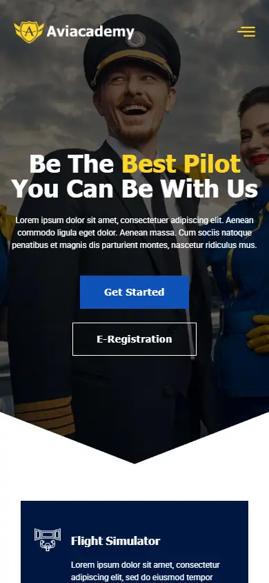 หน้าแรกของธีม Aviacademy Aviation บนมือถือ