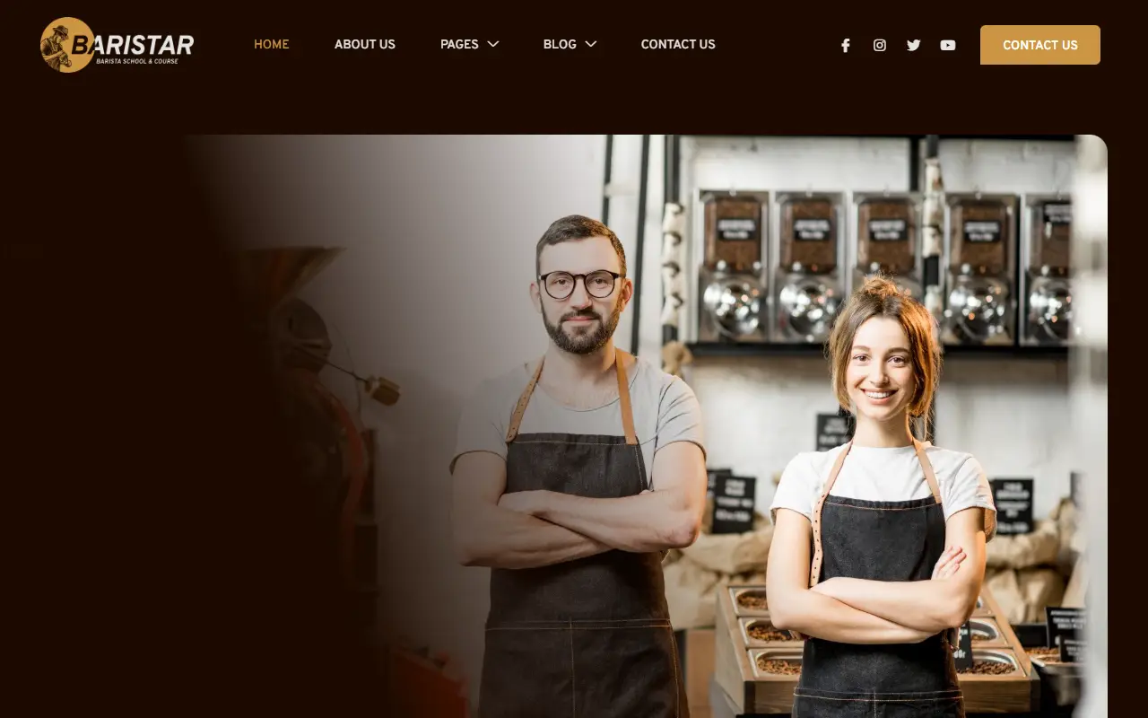 หน้าแรกของธีม Baristar Barista Courses บนคอมพิวเตอร์
