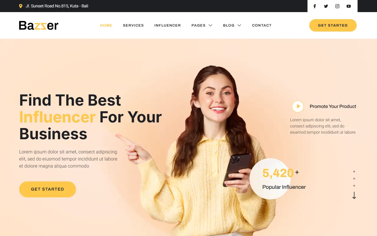 หน้าแรกของธีม Bazzer Influencer Marketing Agency บนคอมพิวเตอร์