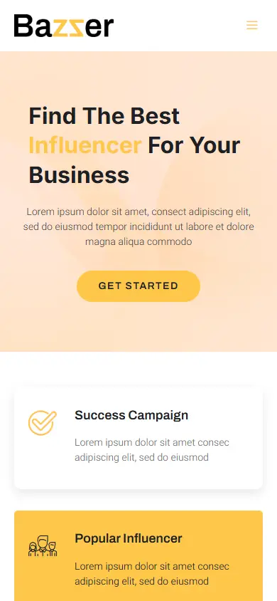 หน้าแรกของธีม Bazzer Influencer Marketing Agency บนมือถือ