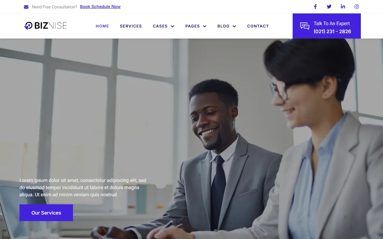 หน้าแรกของธีม Biznise Business Consulting บนคอมพิวเตอร์