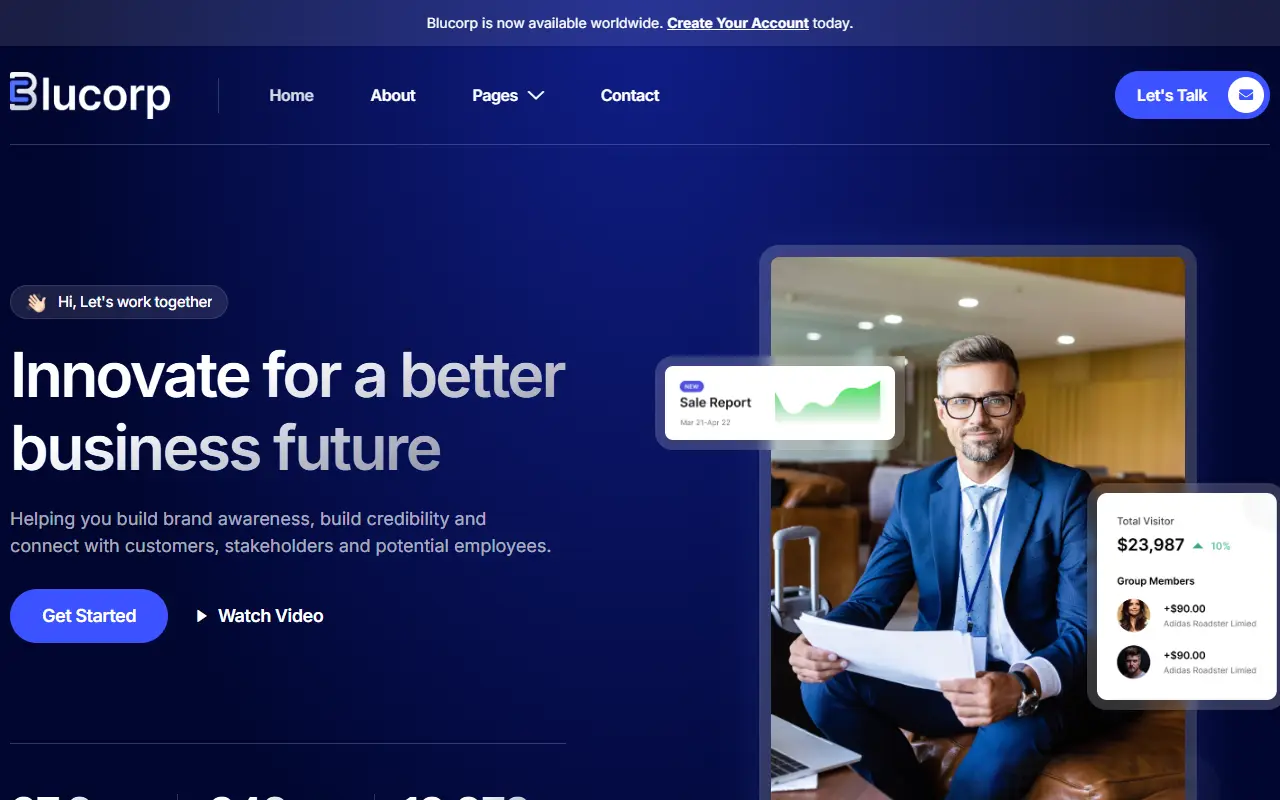 หน้าแรกของธีม Blucorp Corporate Business บนคอมพิวเตอร์