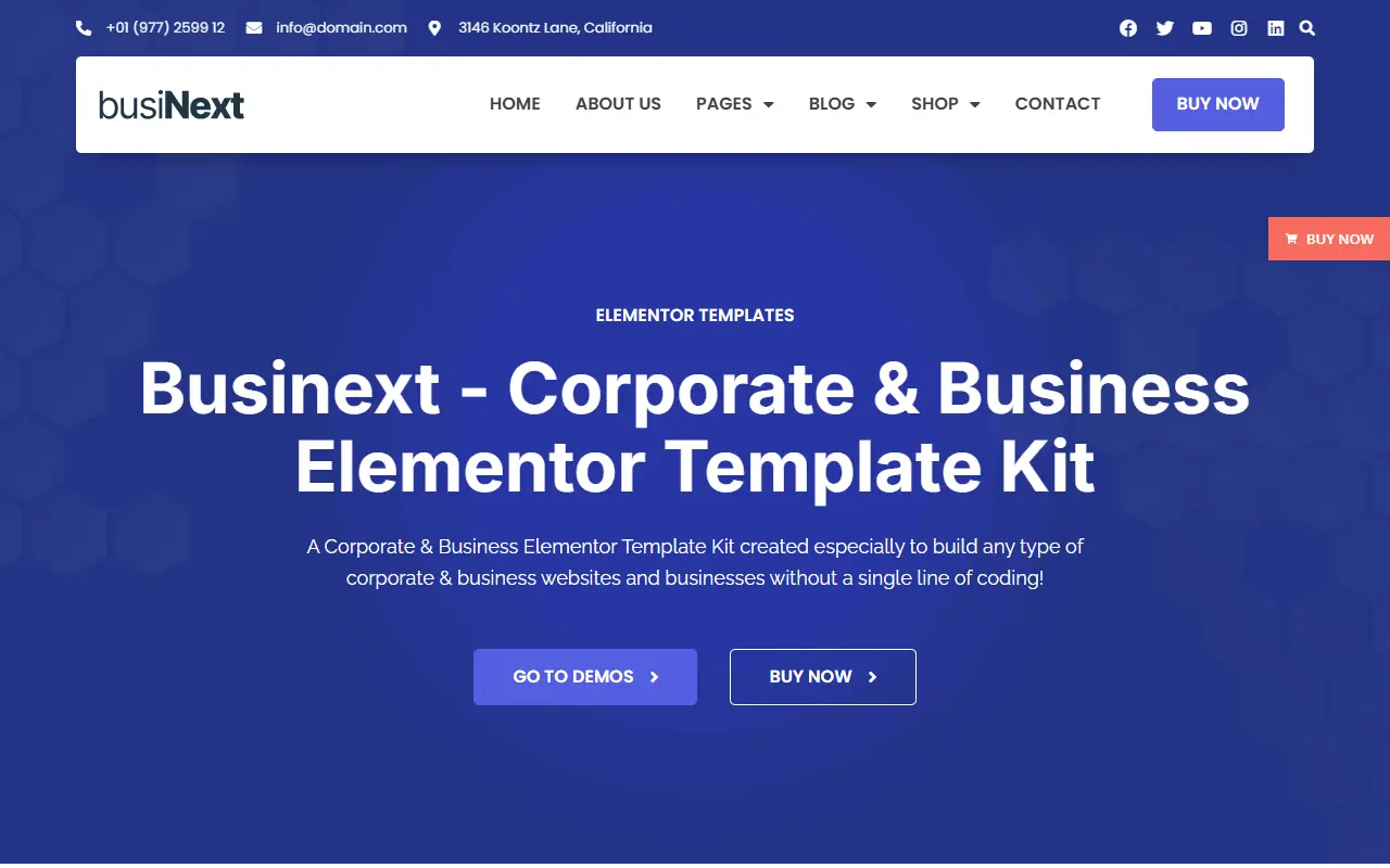 หน้าแรกของธีม Businext บนคอมพิวเตอร์