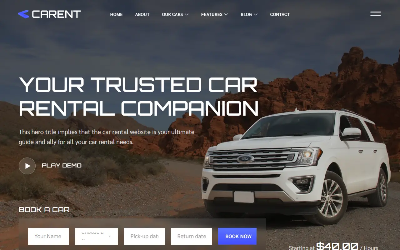 หน้าแรกของธีม Carent – Car Rental Business บนคอมพิวเตอร์