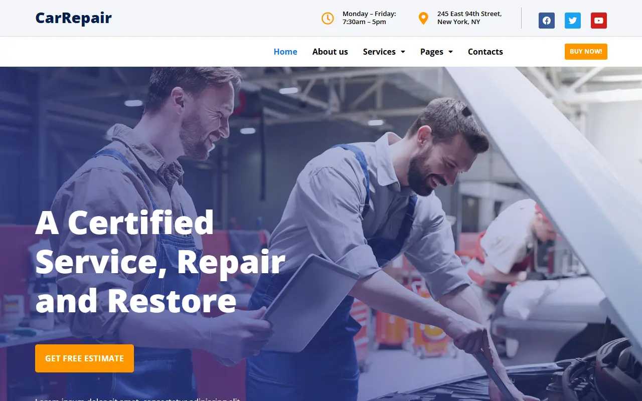 หน้าแรกของธีม CarRepair บนคอมพิวเตอร์