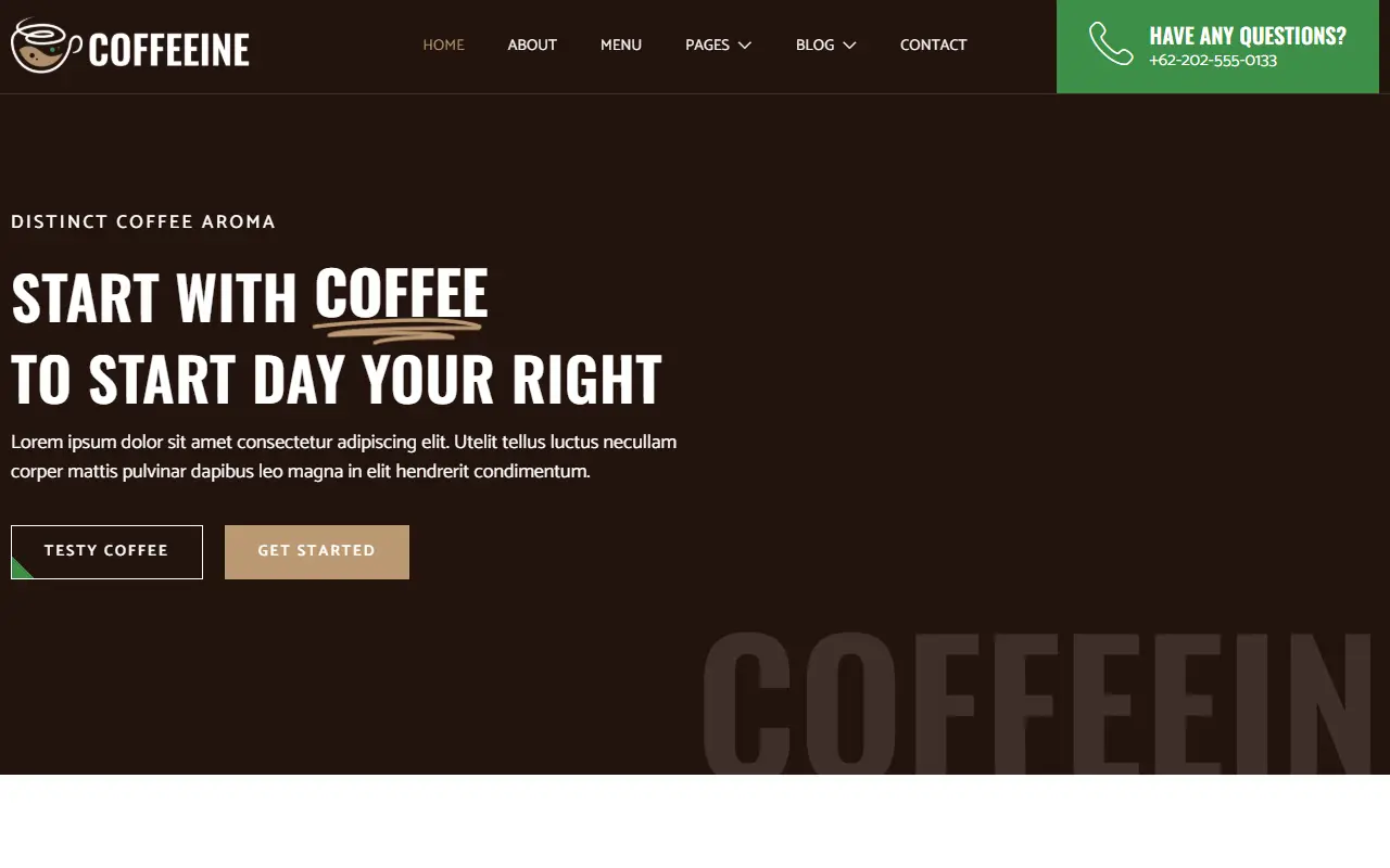 หน้าแรกของธีม Coffeeine Coffee Shop บนคอมพิวเตอร์