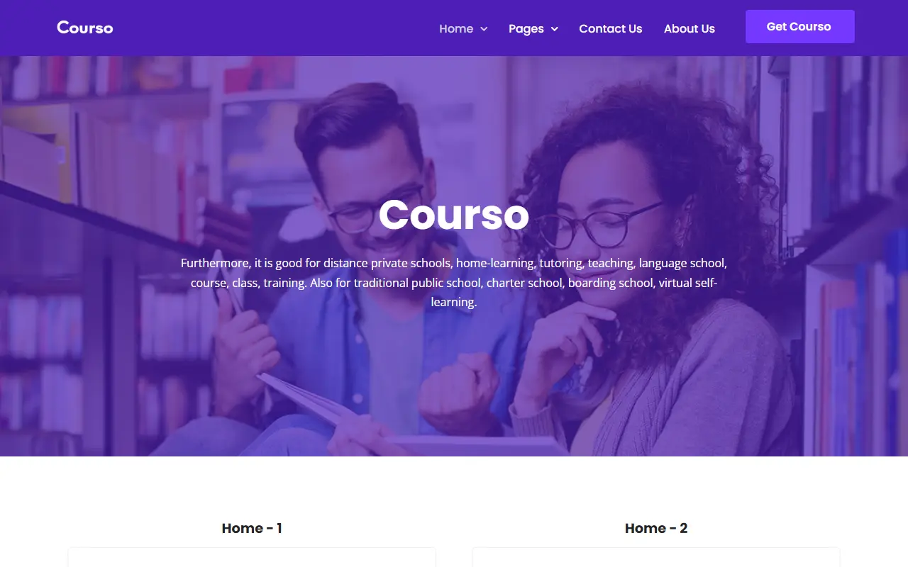 หน้าแรกของธีม Courso บนคอมพิวเตอร์