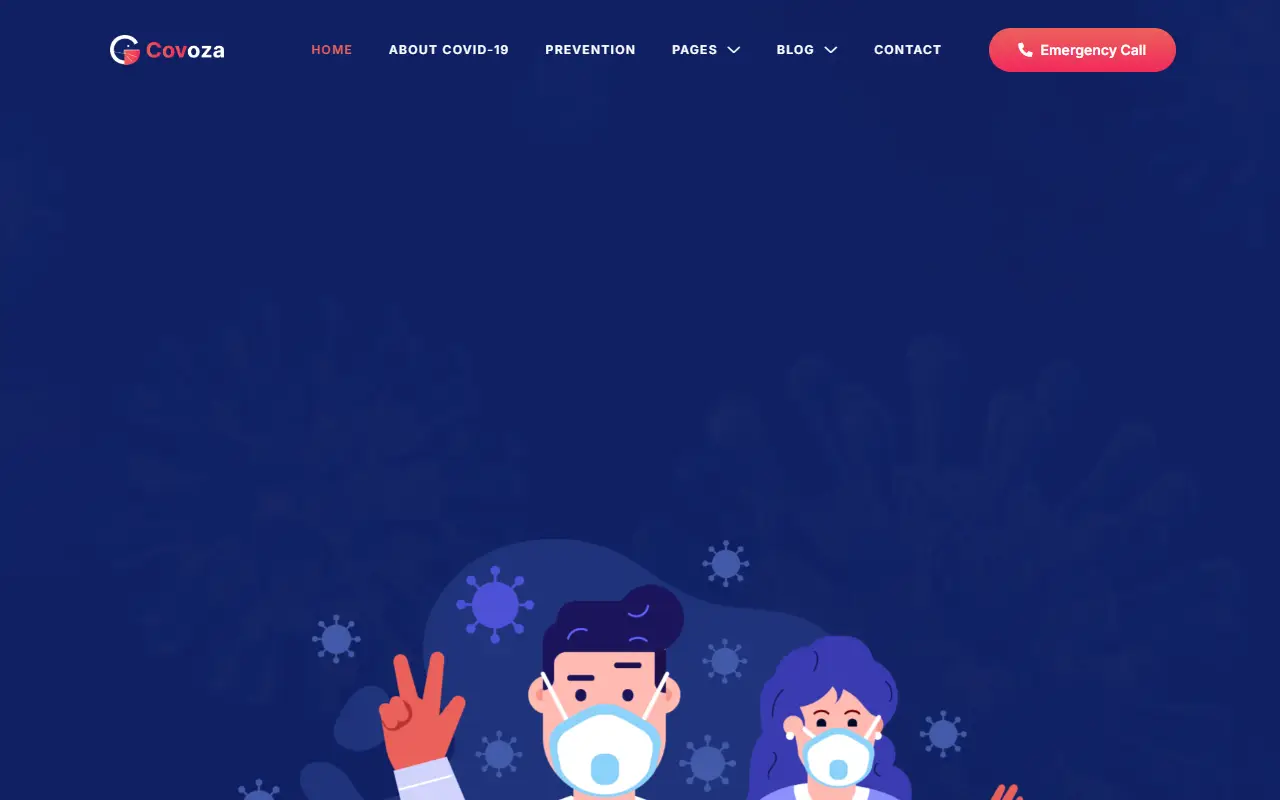 หน้าแรกของธีม Covoza Covid-19 Awareness บนคอมพิวเตอร์