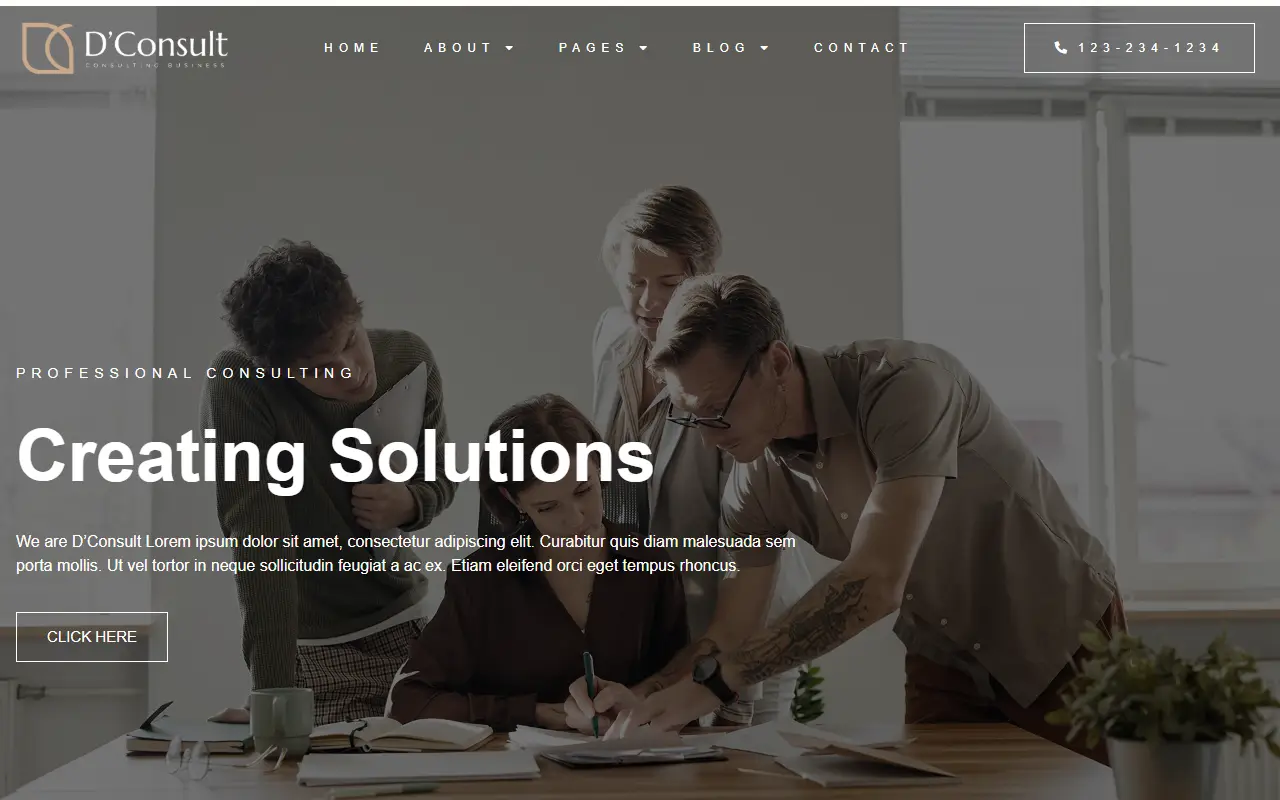 หน้าแรกของธีม D'Consult บนคอมพิวเตอร์