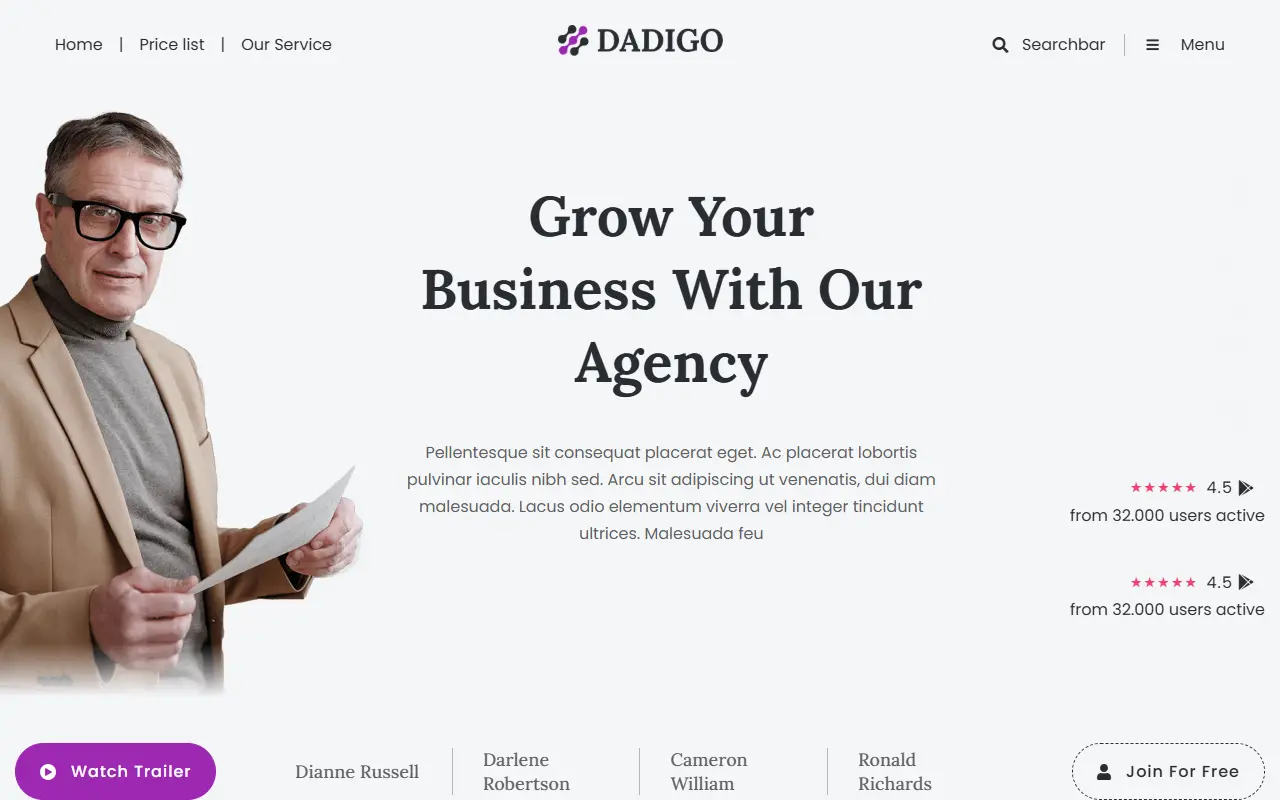 หน้าแรกของธีม Dadigo บนคอมพิวเตอร์
