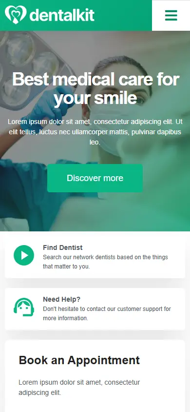 หน้าแรกของธีม Dentalkit บนมือถือ