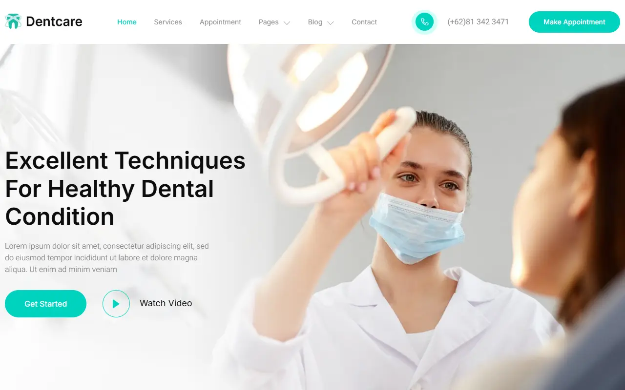 หน้าแรกของธีม Dentcare Dentist บนคอมพิวเตอร์