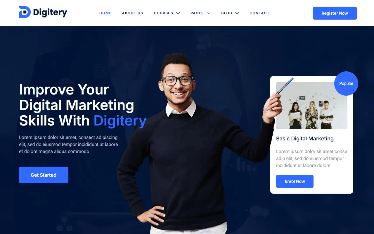 หน้าแรกของธีม Digitery Digital Marketing Courses บนคอมพิวเตอร์