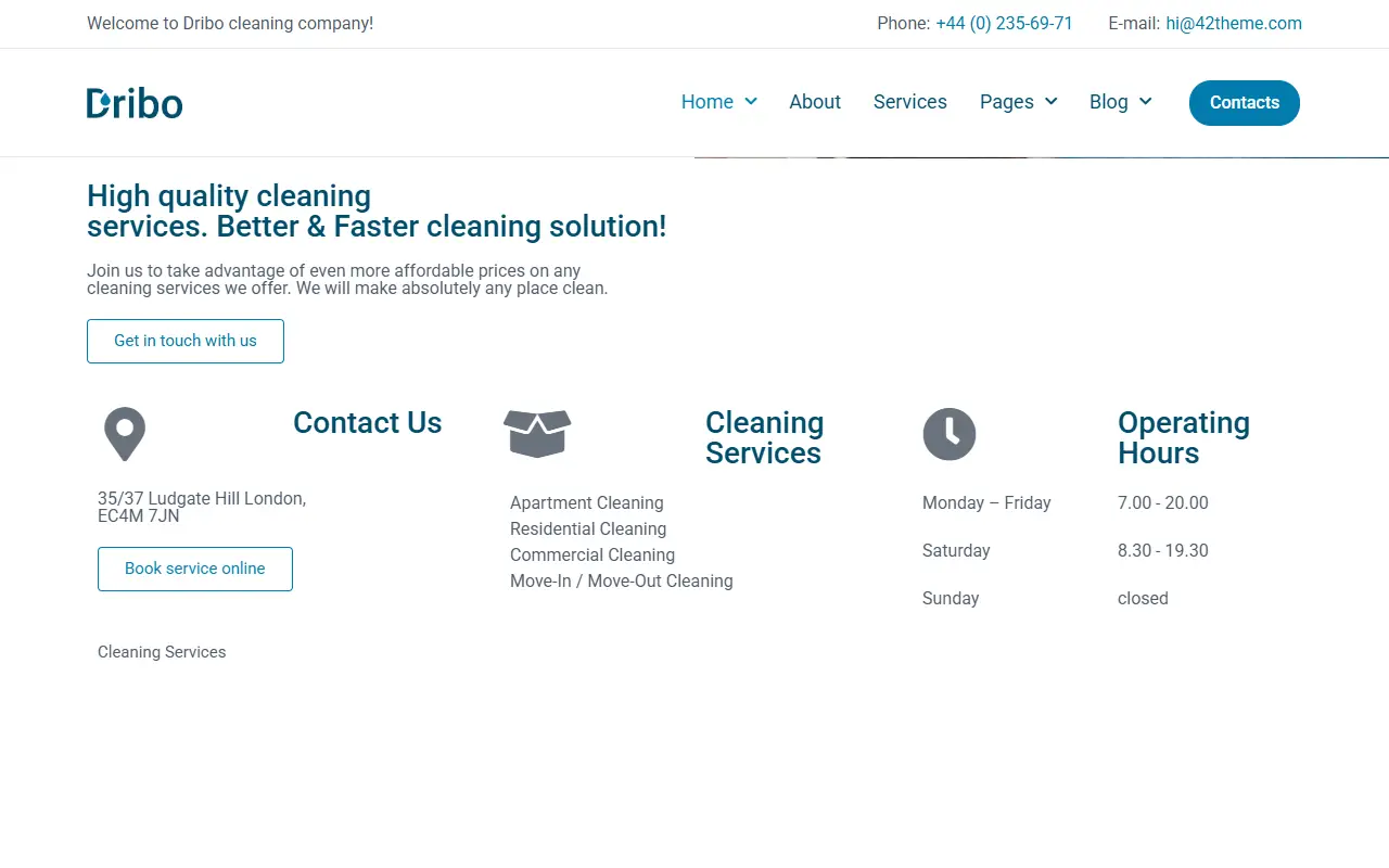 หน้าแรกของธีม Dribo Cleaning Company for Elementor บนคอมพิวเตอร์