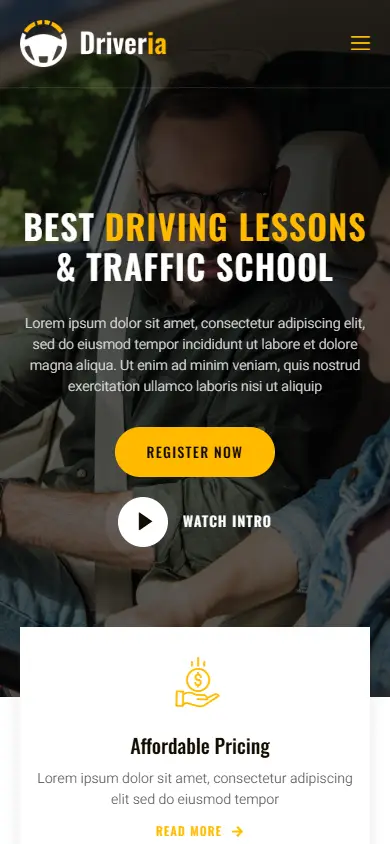 หน้าแรกของธีม Driveria – Driving Course บนมือถือ