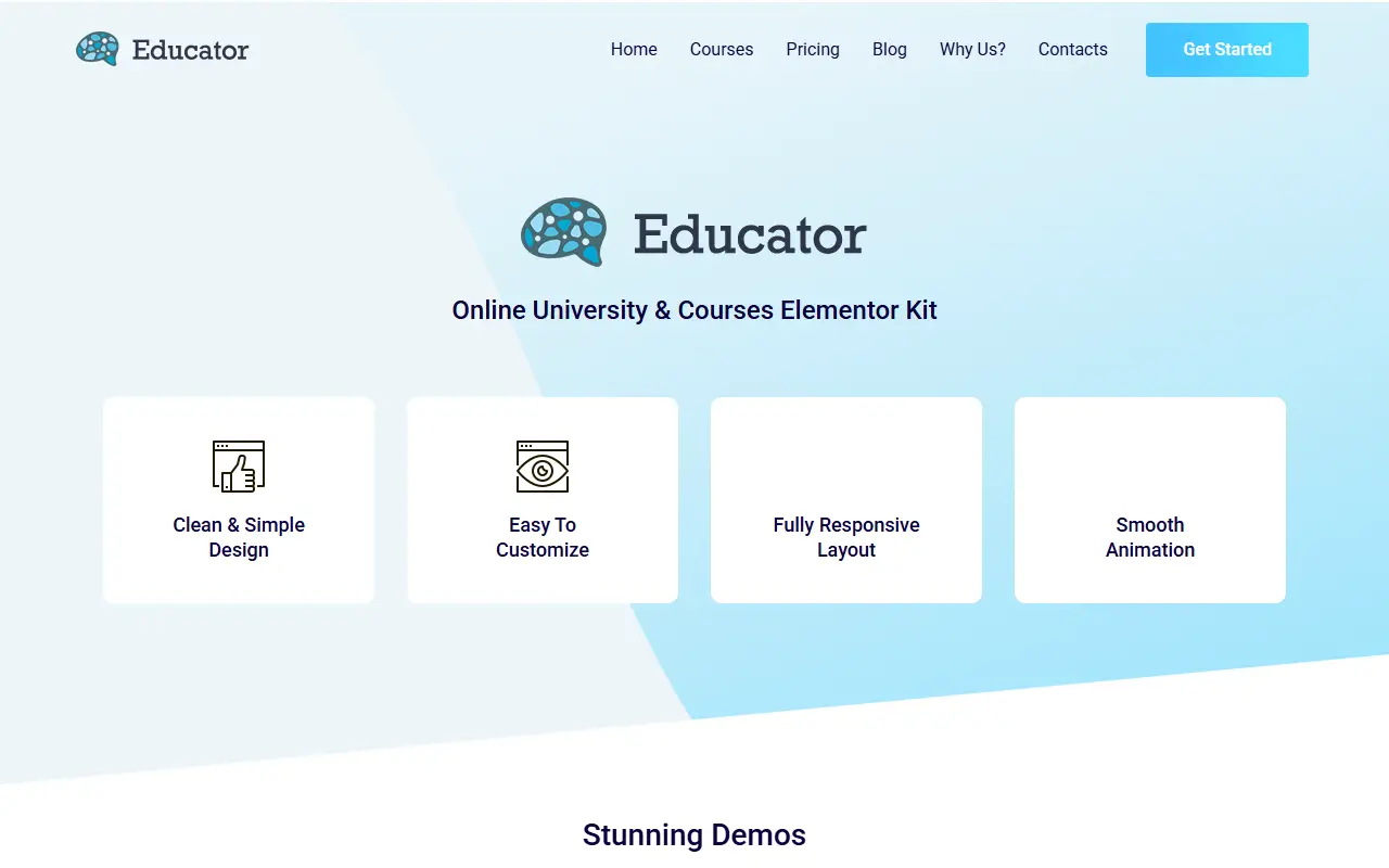 หน้าแรกของธีม Educator บนคอมพิวเตอร์