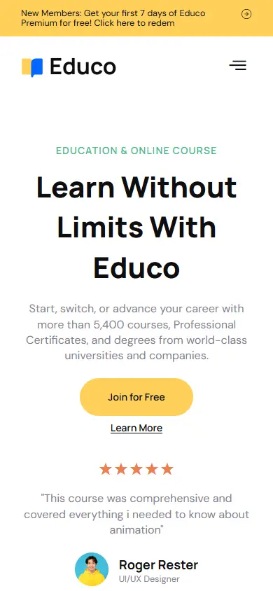 หน้าแรกของธีม Educo บนมือถือ