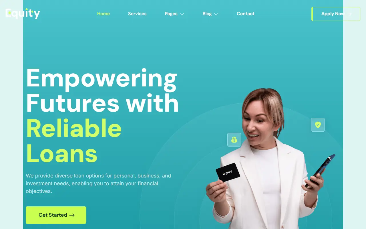 หน้าแรกของธีม Equity Banking บนคอมพิวเตอร์