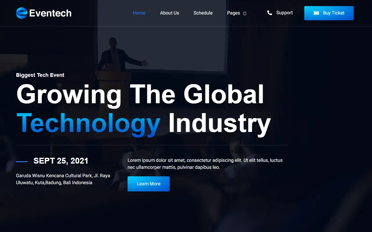 หน้าแรกของธีม Eventech Tech Event Conference บนคอมพิวเตอร์