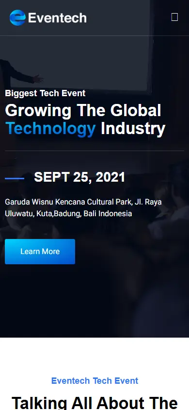 หน้าแรกของธีม Eventech Tech Event Conference บนมือถือ