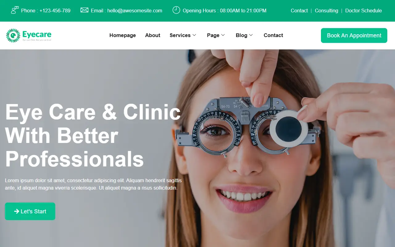 หน้าแรกของธีม Eyecare บนคอมพิวเตอร์