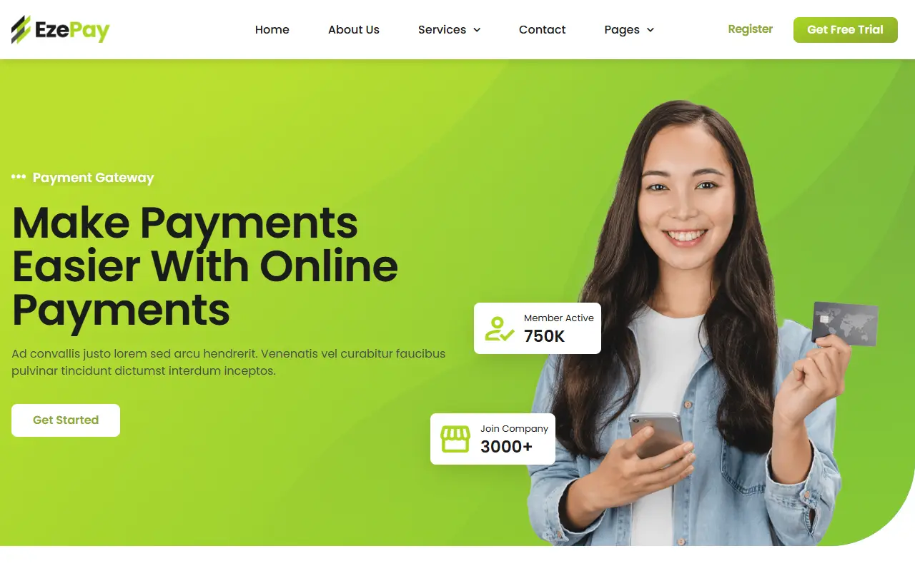 หน้าแรกของธีม EzePay บนคอมพิวเตอร์
