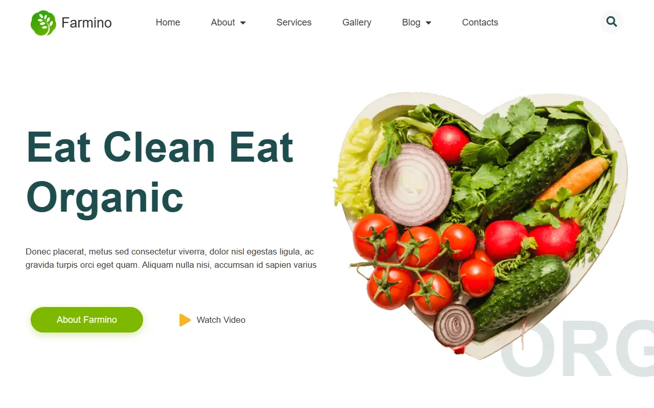 หน้าแรกของธีม Farmino Organic Food บนคอมพิวเตอร์