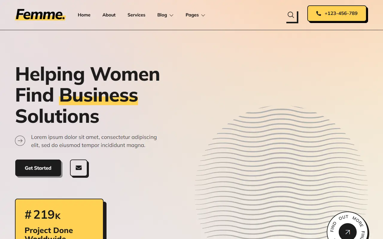 หน้าแรกของธีม Femme Feminine Business Consulting บนคอมพิวเตอร์