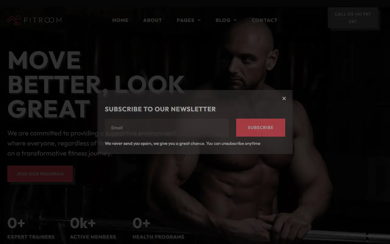 หน้าแรกของธีม Fitroom บนคอมพิวเตอร์