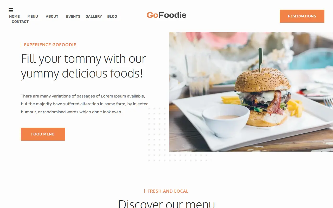 หน้าแรกของธีม GoFoodie บนคอมพิวเตอร์