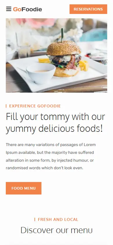 หน้าแรกของธีม GoFoodie บนมือถือ