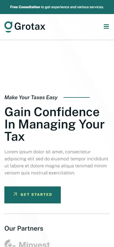 หน้าแรกของธีม Grotax Tax Advisor บนมือถือ