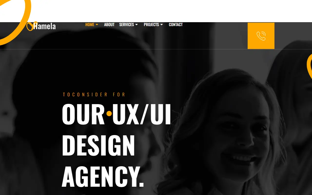 หน้าแรกของธีม Hamela Digital Agency Services บนคอมพิวเตอร์