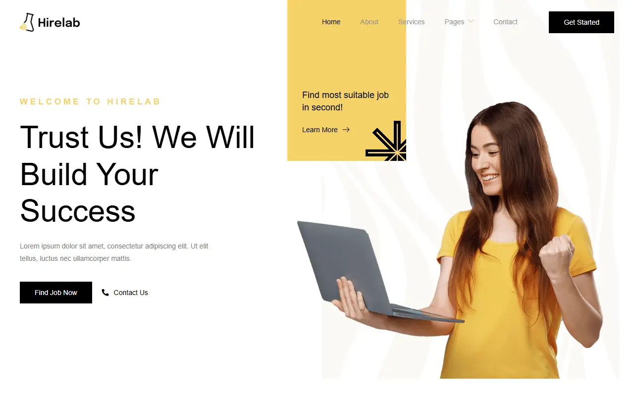 หน้าแรกของธีม Hirelab บนคอมพิวเตอร์
