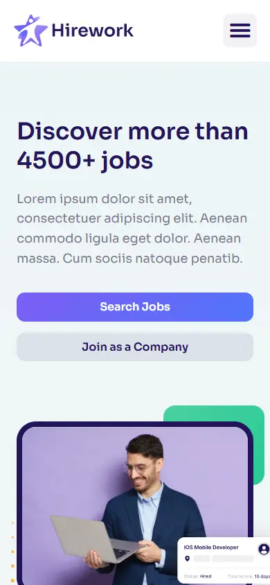 หน้าแรกของธีม Hirework บนมือถือ