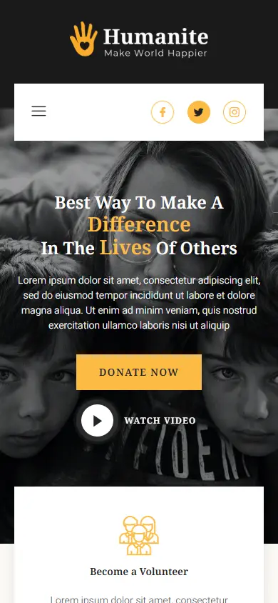 หน้าแรกของธีม Humanite Charity บนมือถือ