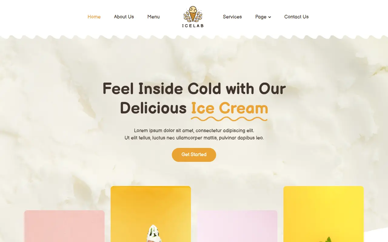 หน้าแรกของธีม Icelab Ice Cream บนคอมพิวเตอร์