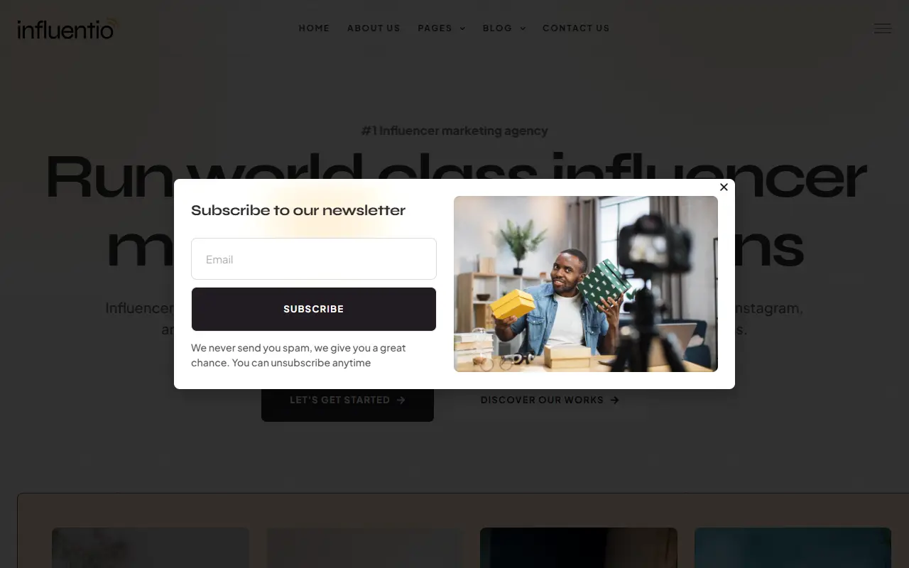 หน้าแรกของธีม Influentio Influencer Influentio บนคอมพิวเตอร์