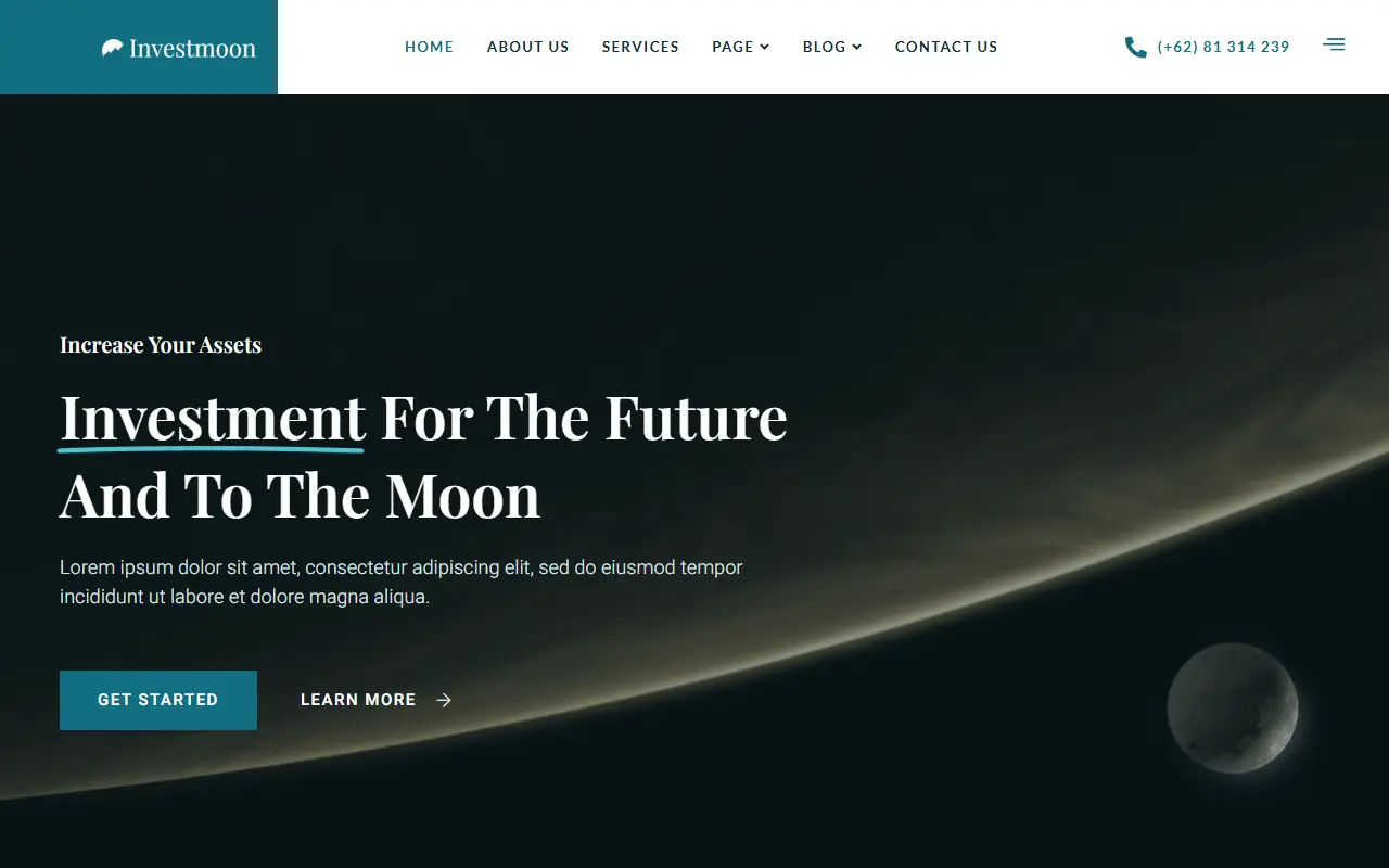 หน้าแรกของธีม Investmoon Finance บนคอมพิวเตอร์