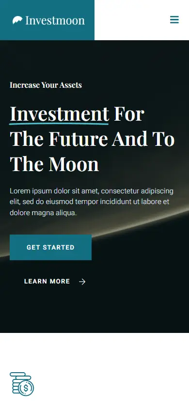 หน้าแรกของธีม Investmoon Finance บนมือถือ