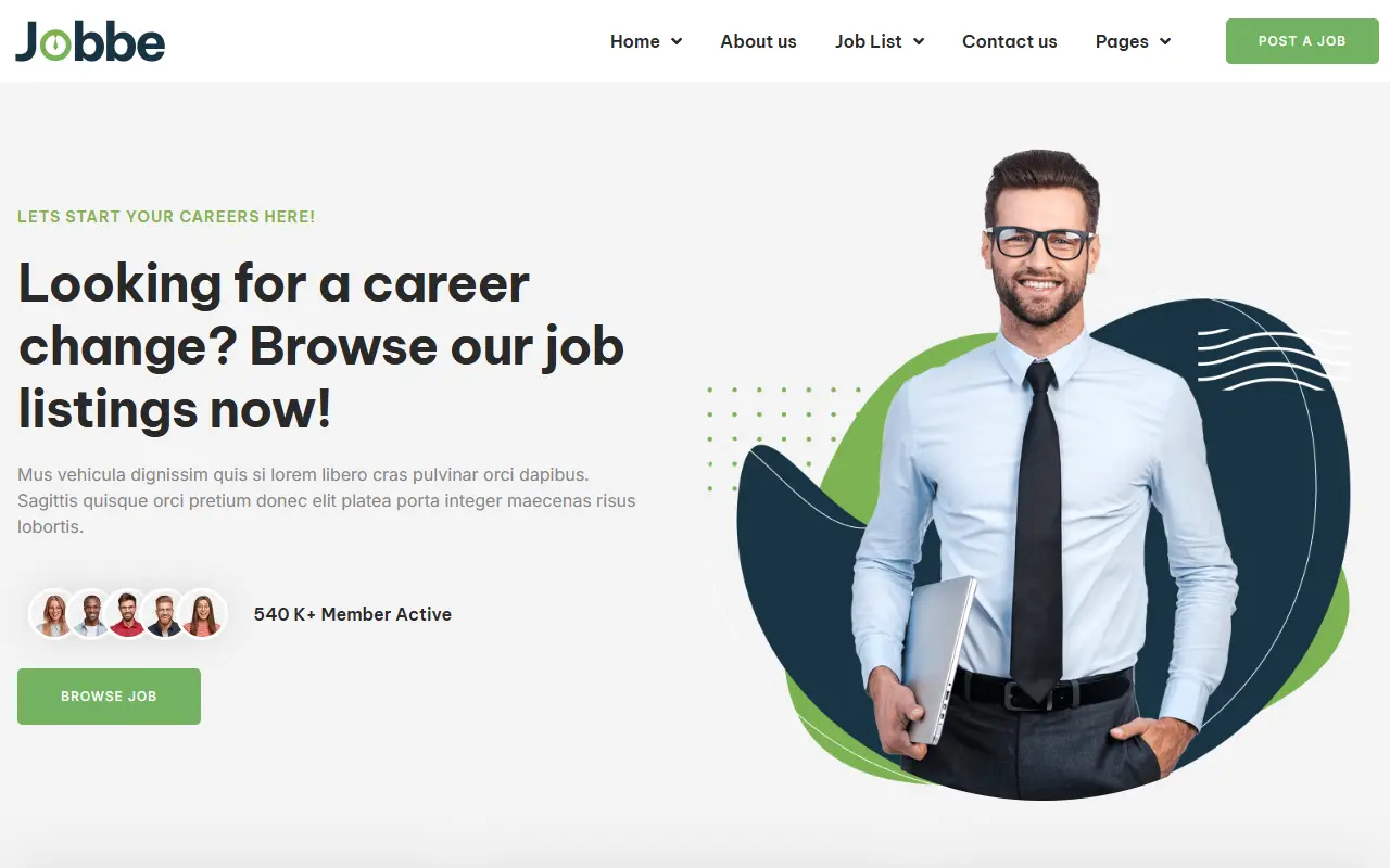 หน้าแรกของธีม Jobbe บนคอมพิวเตอร์