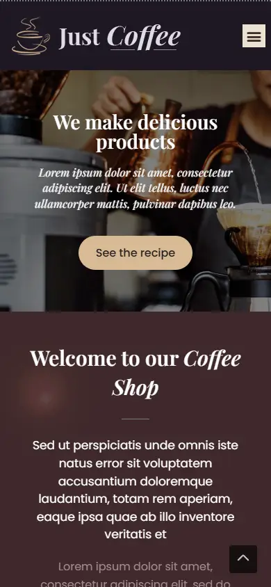หน้าแรกของธีม Justcoffee บนมือถือ