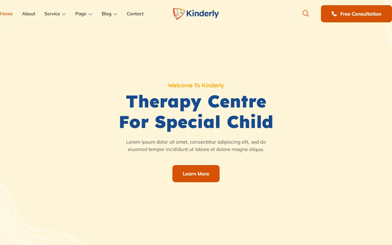 หน้าแรกของธีม Kinderly Child Therapist บนคอมพิวเตอร์